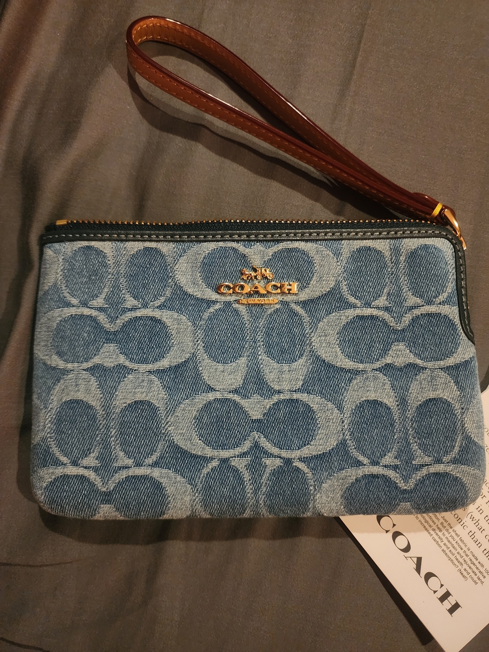 COACH Blue Signature Denim Wristlet with Tan Strap - Picture 2 of 5